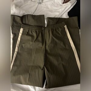 Zara Olive Green Pinstripe Wide-Leg Pants with Cream Side Trim